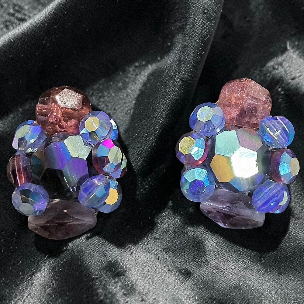 Vintage Signed Vogue Purple Blue AB Crystal Glass Cluster Clip-On Earrings